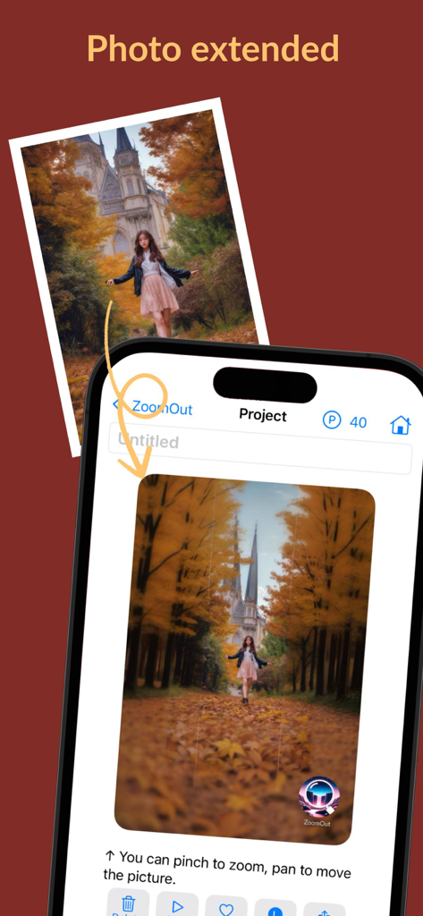 ZoomOut - Out paint your photo - KI-Outpainting-Funktion in der ZoomOut-App erweitert den Hintergrund eines Herbstwald-Fotos