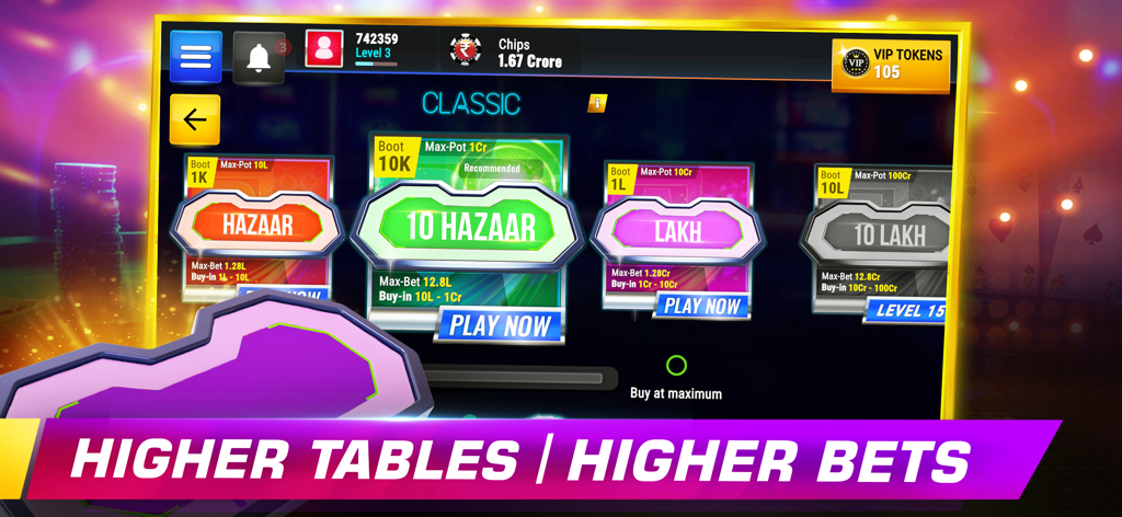 Pantalla de selección en Teen Patti Royale que muestra diferentes mesas para apuestas más altas