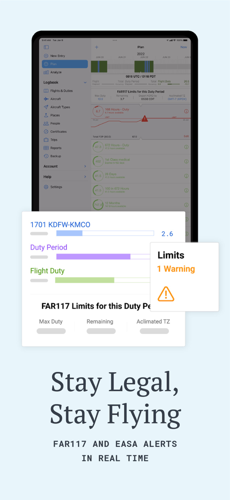 LogTen Pilot Logbook - LogTen Pilot Logbook screenshot displaying real-time FAR117 and EASA duty limit warnings on an iPad.