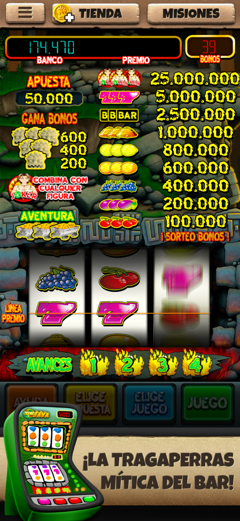 El Tesoro de Java-Tragaperras - Interface de la machine à sous mobile El Tesoro de Java montrant les rouleaux traditionnels de style bar espagnol et le tableau des gains