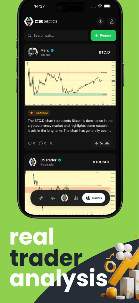 Crypto Signals & Trade Signals - Interface do aplicativo Crypto Signals mostrando análise real do trader e gráficos do mercado Bitcoin
