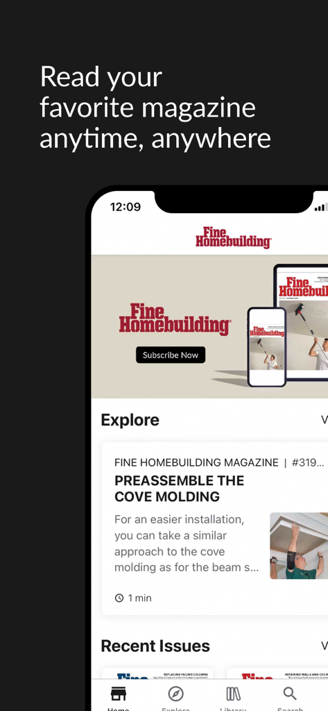 Fine Homebuilding Magazine - Mobile app interface of Fine Homebuilding Magazine showing technical construction articles and digital subscription options