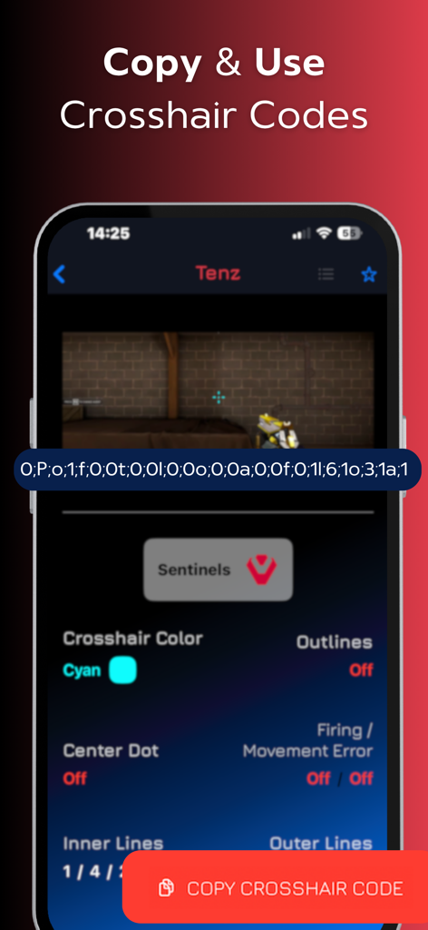 Valorant Crosshair - Custom X - Interface showing Tenz pro player Valorant crosshair settings and copy code button