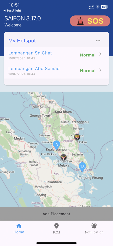 SAIFON - SAIFON app home screen showing a flood monitoring map with status updates for local water sensors and an SOS emergency button