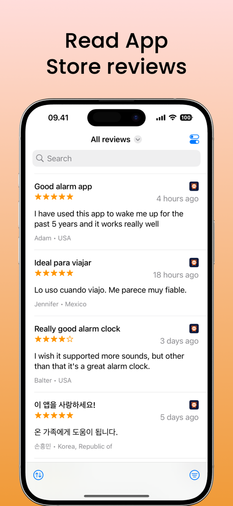 Five Stars: Reviews & Ratings - Five Stars app interface showing a list of App Store reviews with ratings and user comments.