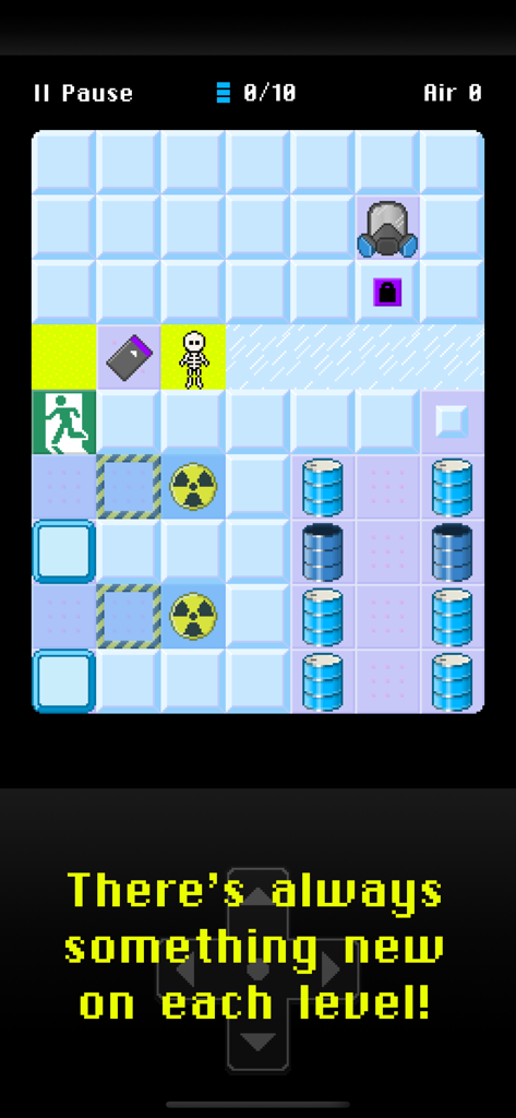 Hazmat Hijinks™ - Hazmat Hijinks のピクセルアートゲームプレイ画面。放射線記号と化学樽のある論理パズルが表示されている。