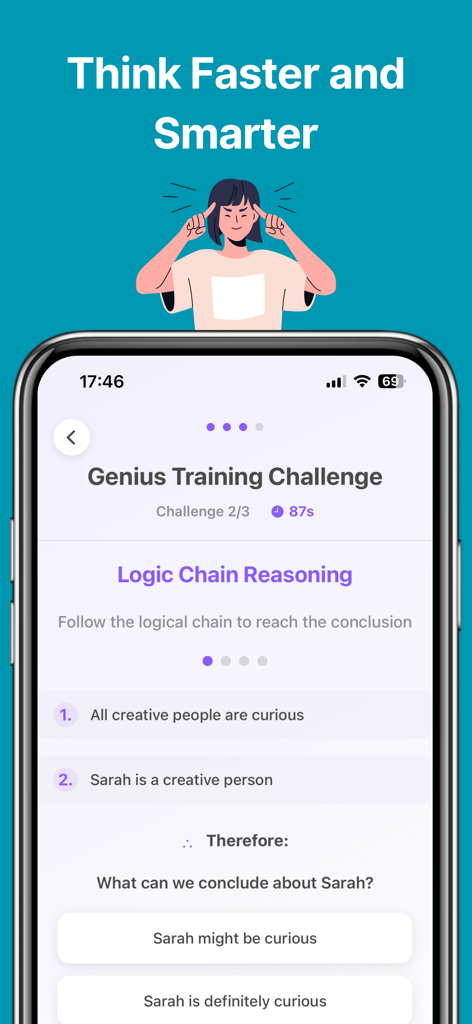 BrainFit Logic Puzzles & Focus - Capture d'écran de l'application BrainFit montrant un exercice d'entraînement au raisonnement en chaîne logique.