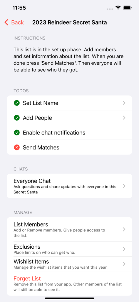 Setup dashboard for a Secret Santa event featuring a checklist and management options.