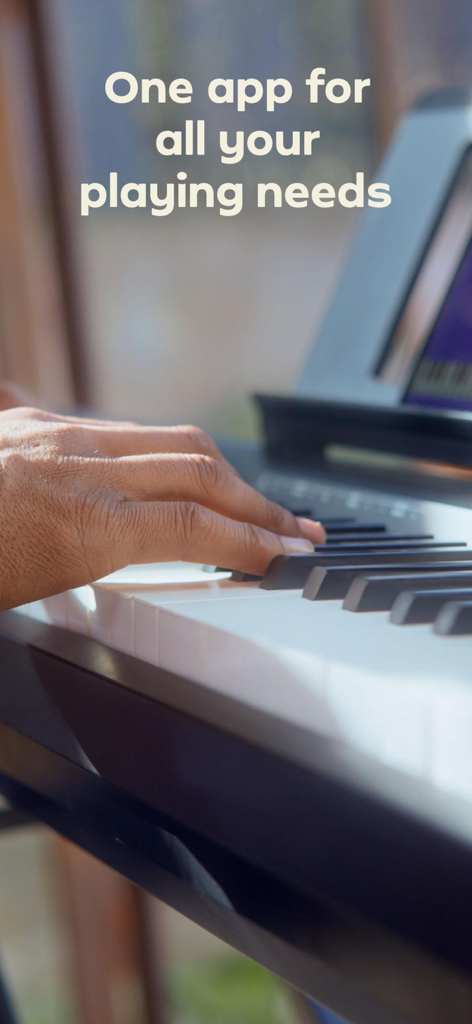 Simply Play: Piano Sheet Music - Close up of hands playing a piano keyboard with the caption One app for all your playing needs
