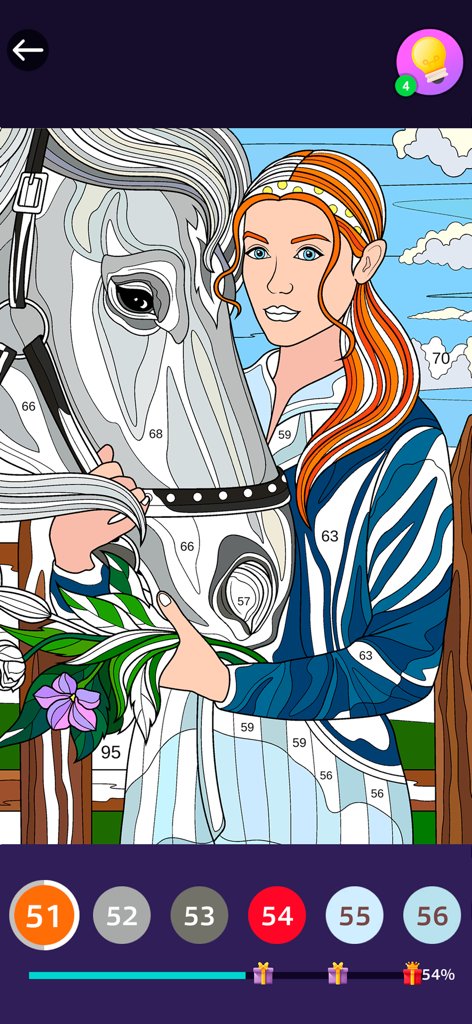 Color by Number: Craft & Art - Gameplay "color by number" montrant une femme aux cheveux rouges et un cheval