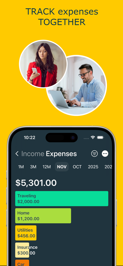 Money Pro 앱 인터페이스가 11월의 범주별 예산 항목으로 공유 지출 추적을 보여줍니다.