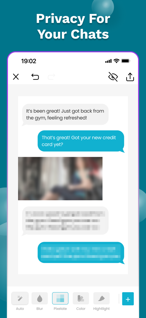 Auto Blur Face: Redact Privacy - A mobile app interface showing chat messages and an image being redacted with pixelation and blur tools for privacy