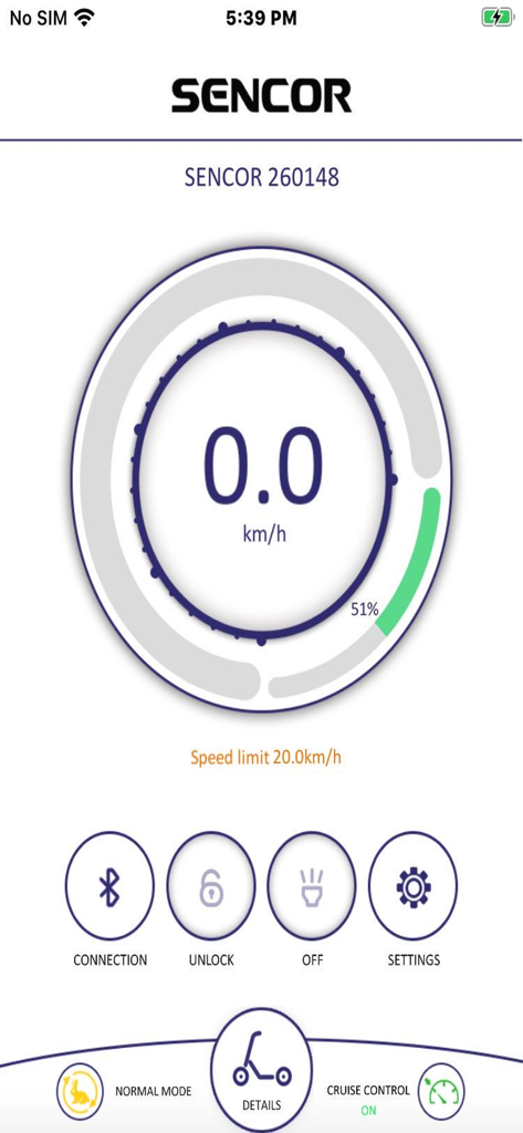 SENCOR SCOOTER - Sencor scooter app dashboard showing speedometer and battery status