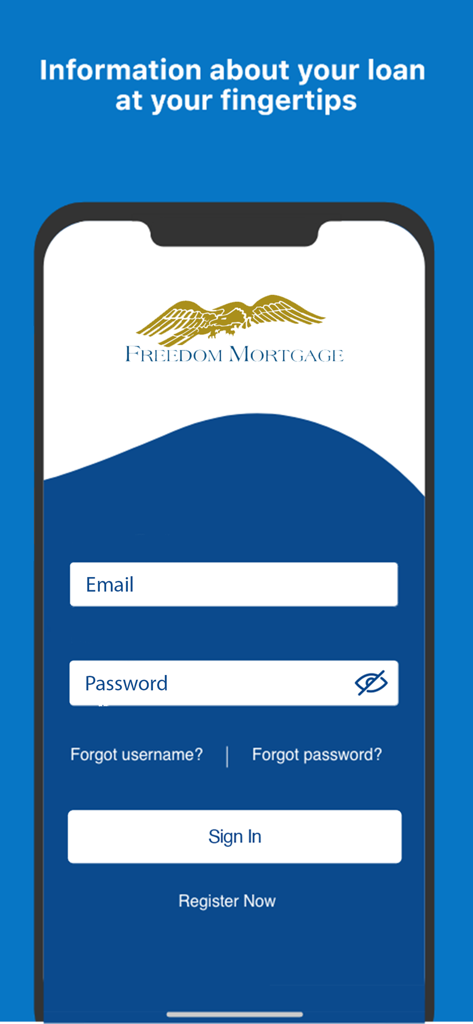 The login screen of the Freedom Mortgage mobile app with fields for email and password.