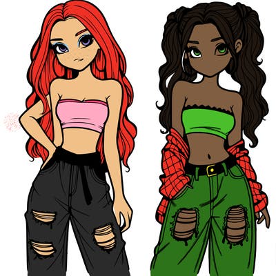 2 girls in crop tops and baggy jeans ripped