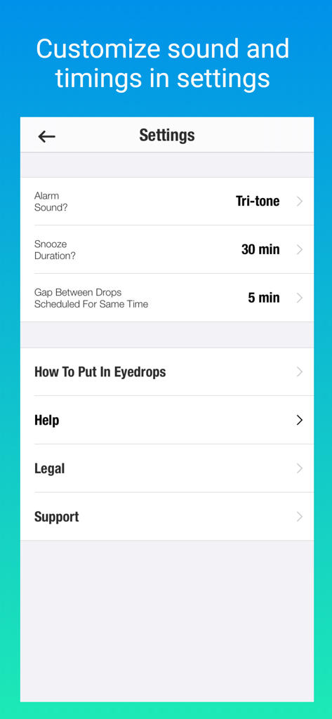 EyeDropAlarm settings screen showing options for alarm sound snooze duration and the gap between scheduled eye drops