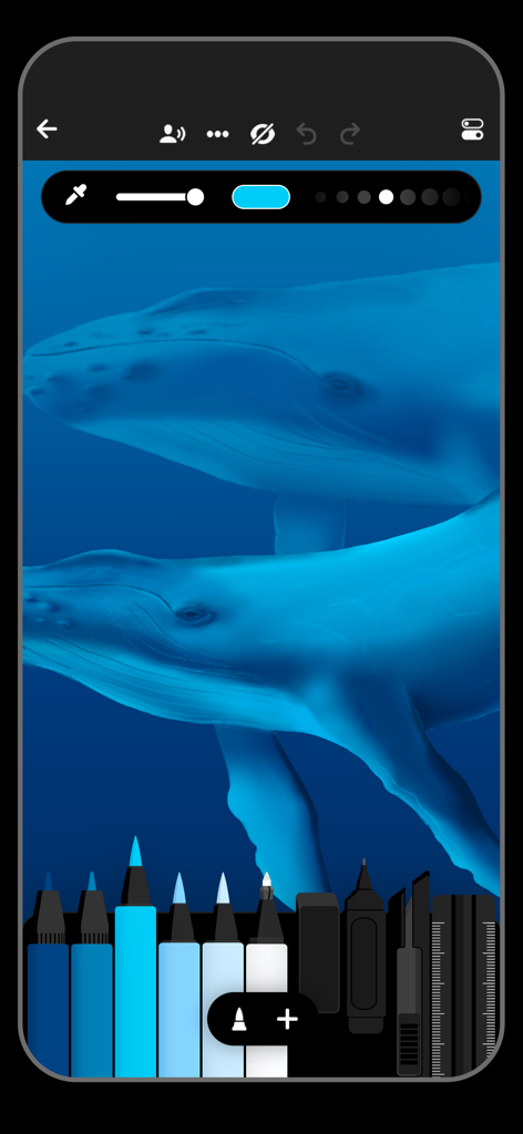 Flow: Note Taking, Drawing Pad - A blue whale digital painting and drawing tools within the Flow app interface.