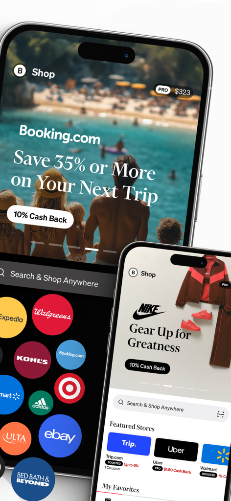Price.com mobile app interface displaying cash back offers from major retailers like Booking.com Nike and Walmart