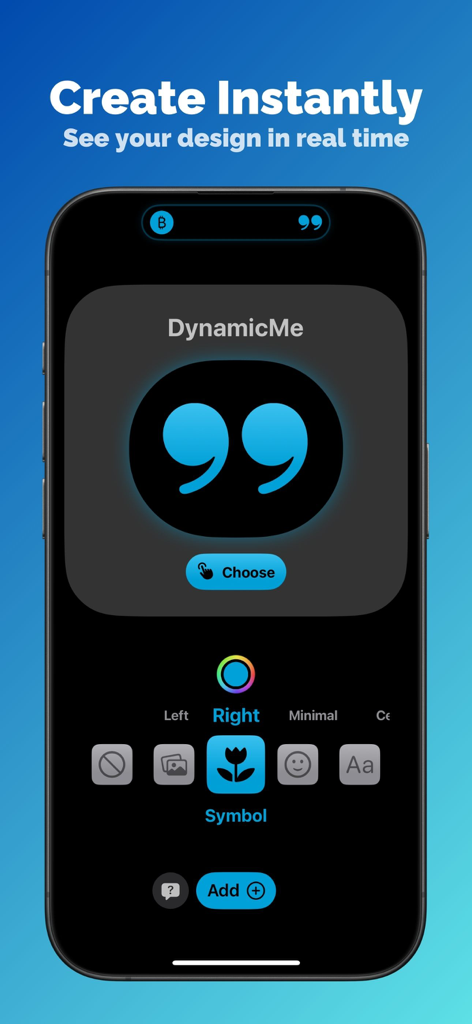 DynamicMe - 기호 및 색상과 같은 실시간 다이나믹 아일랜드 사용자 지정 옵션을 보여주는 DynamicMe 앱 인터페이스