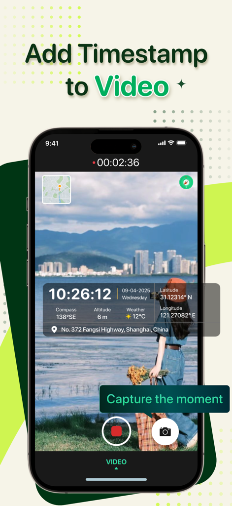 A smartphone displaying a video recording with a detailed time and location data overlay