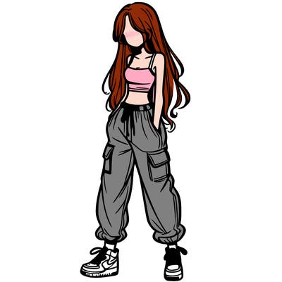 girl in baggy pants crop top and long hair