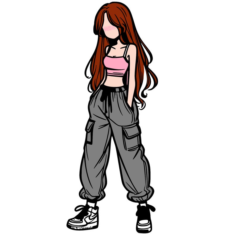 girl in baggy pants crop top and long hair