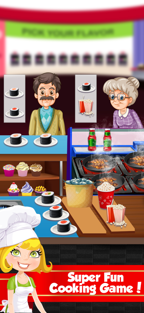 Sushi Maker - Japanese Cooking - Cartoon kitchen scene in Sushi Maker game showing customers ordering sushi and snacks