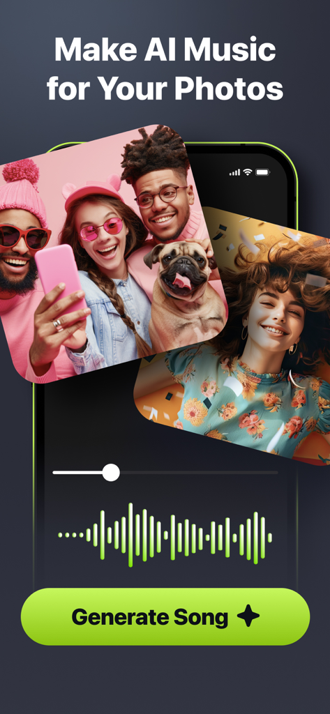 Muzio AI Song&Music Generator - Muzio AI app interface for generating music from photos featuring a waveform and a generate song button
