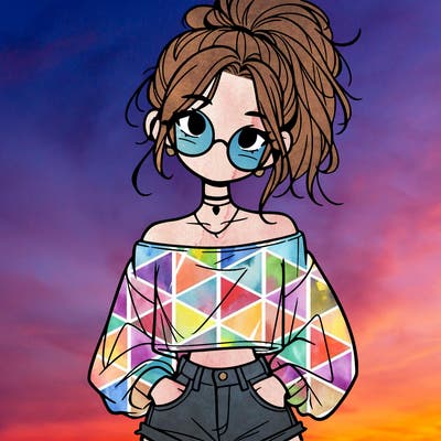 girl with a messy ponytail glasses a baggy crop top and jean shorts