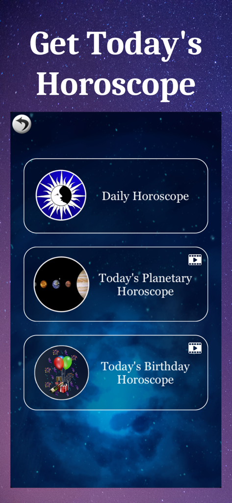 Daily Horoscope app menu with daily planetary and birthday horoscope options