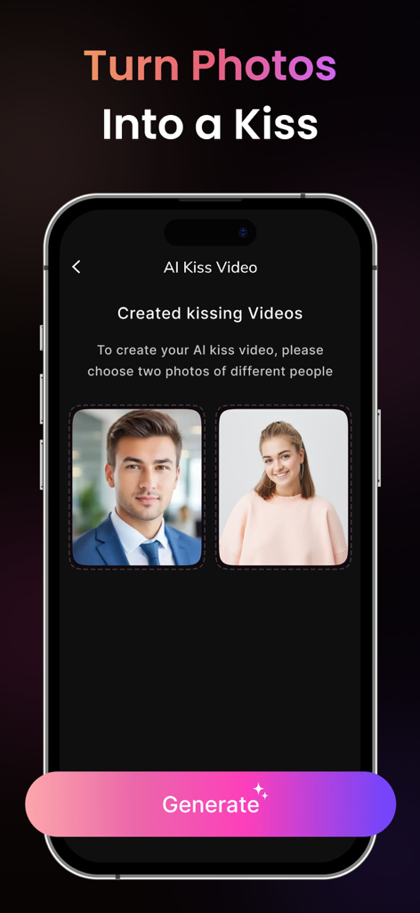 AI Kiss Video Maker - AI Hug - Interface of AI Kiss Video Maker app showing two photos selected and a generate button to create a kiss video