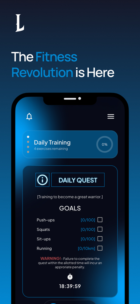 LEVELING: Fitness - Interface de la quête quotidienne de l'application LEVELING Fitness montrant les objectifs d'exercice et un compte à rebours dans un design inspiré des RPG