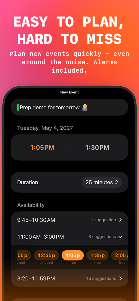 Oberfläche der Today Planned App, die die Erstellung eines neuen Kalenderereignisses mit automatisierten Vorschlägen zur Verfügbarkeit zeigt