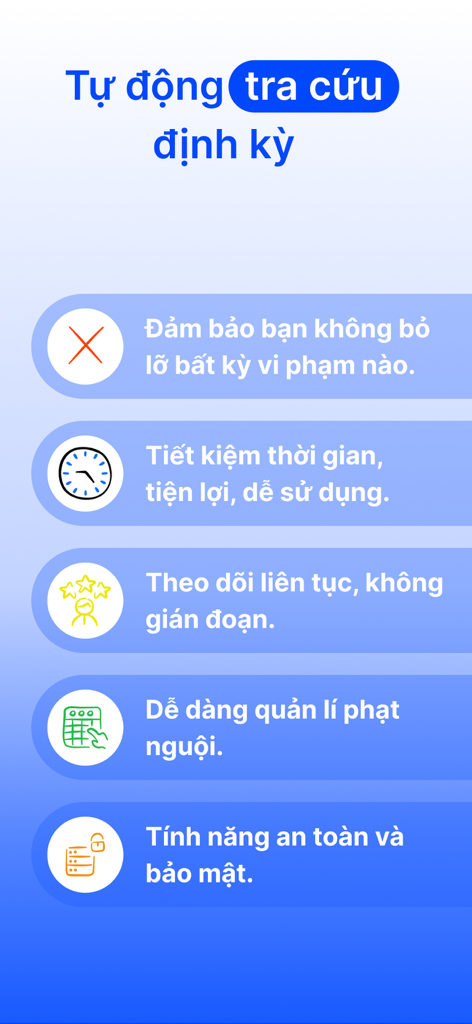 Tra cứu phạt nguội toàn quốc. - Interface showing the benefits of the automatic periodic lookup feature for traffic fines in Vietnam.