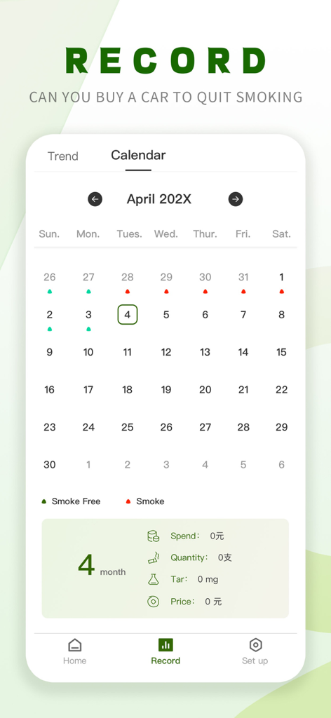 Quit Smoking Goals - Interface du calendrier de l'application Quit Smoking Goals montrant un enregistrement des jours sans fumée et des jours de tabagisme avec des statistiques récapitulatives pour l'argent dépensé et l'impact sur la santé.
