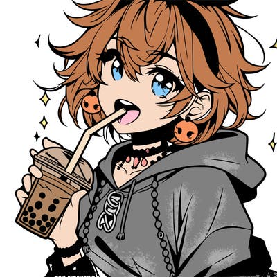 hot baddie anime girl drinking boba and biting the straw