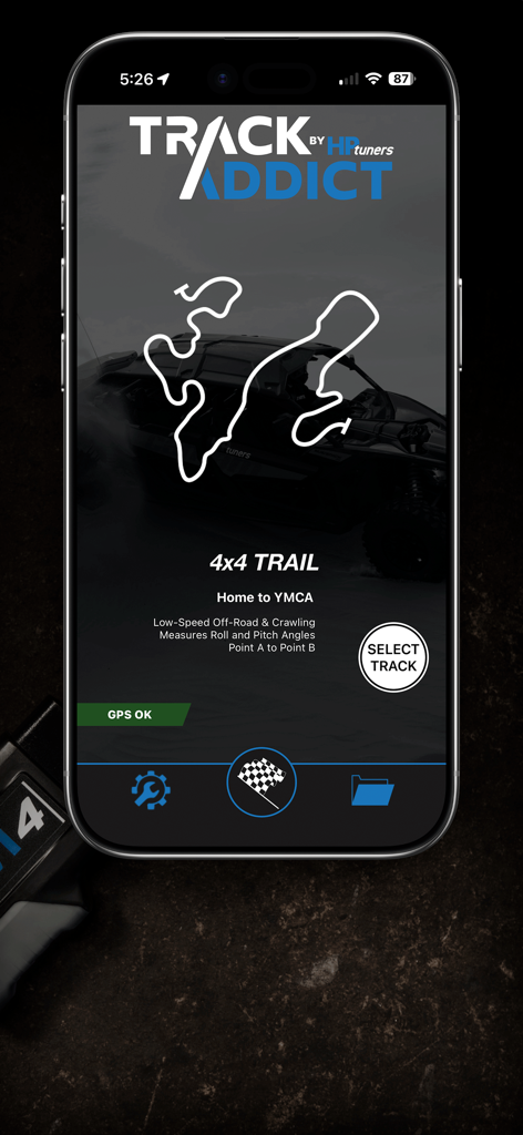 TrackAddict - TrackAddict app interface showing the 4x4 Trail mode with an off-road track map and GPS status