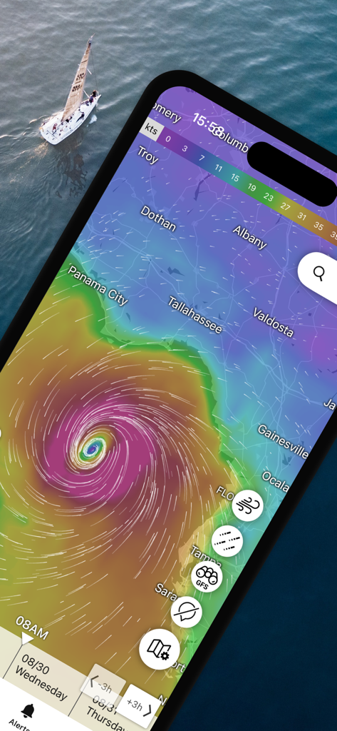 Windfinder: Wind & Weather map - Windfinder app displaying an animated wind map of a storm system over Florida