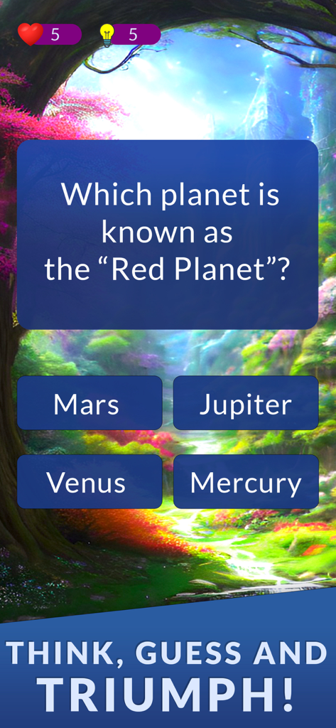 Uma captura de tela do aplicativo QuiDiDo mostrando uma pergunta de trivia sobre o Planeta Vermelho com opções de múltipla escolha sobre um fundo de floresta de fantasia.