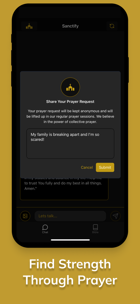 Sanctify - Christian Companion - Anonymous prayer request interface in the Sanctify Christian Companion app