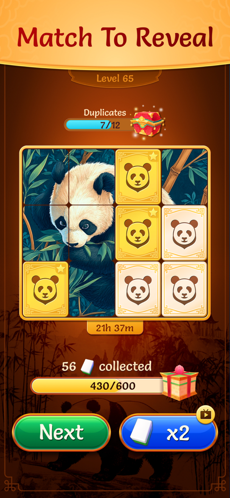 Zen Tiles - Mahjong Match - A mobile game screen from Zen Tiles showing a mahjong triple match puzzle where matching tiles reveals a panda illustration.