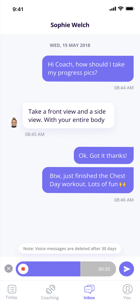 Everfit in-app messaging interface showing a chat between a fitness coach and a client about progress photos and workouts