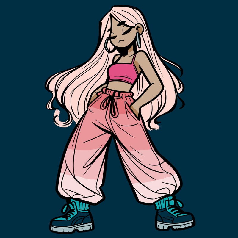 girl in baggy pants crop top and long hair