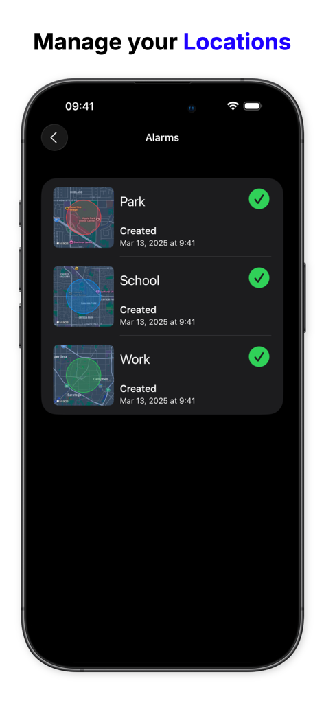 Localarm app screen showing a list of active location alarms for park school and work with map thumbnails and checkmarks