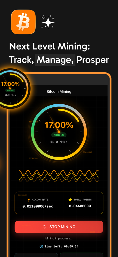 Interfaz de la aplicación simuladora de minería de Bitcoin con un medidor circular que muestra la tasa de hash y el progreso de la minería.