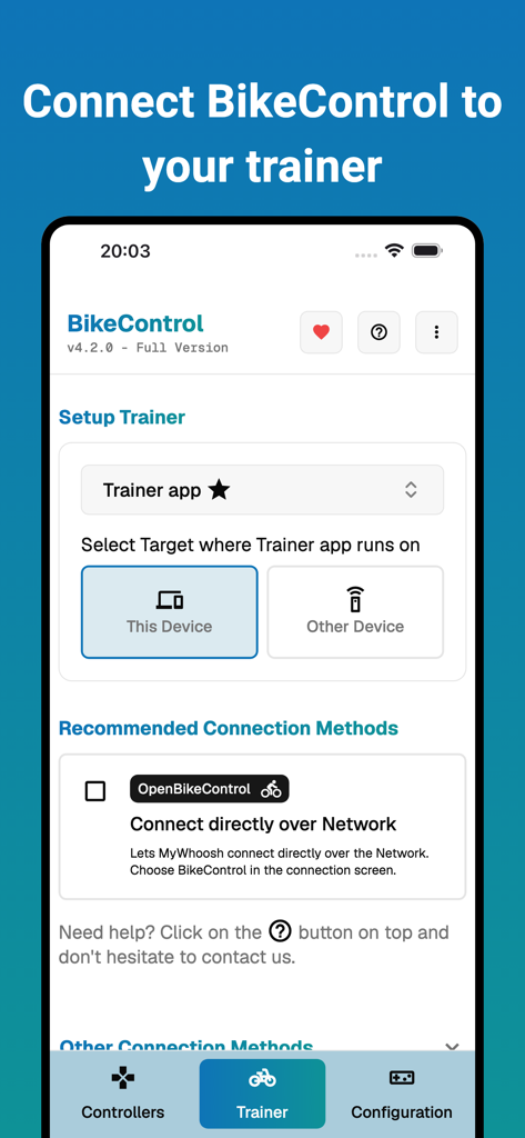 Tela de configuração do rolo do aplicativo BikeControl mostrando opções de conexão para aplicativos de ciclismo indoor