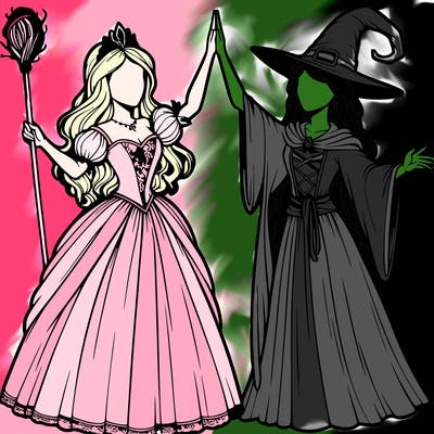 detailed realistic split of a princess and a witch