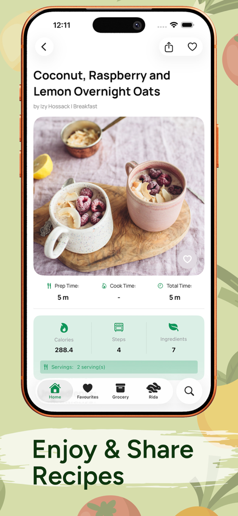 Healthy Recipes NutriBites app displaying a coconut raspberry and lemon overnight oats recipe with calorie count and prep time