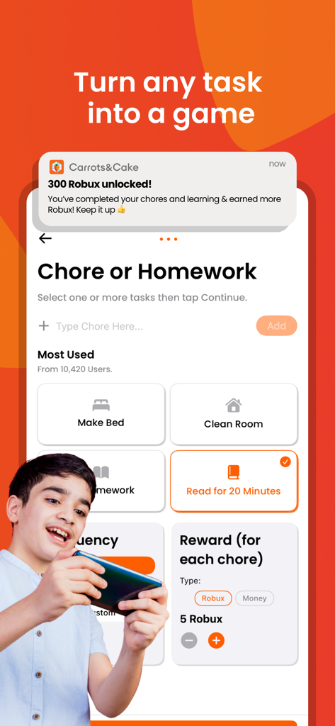 Parental Control: Carrots&Cake - ペアレンタルコントロールCarrots and Cakeアプリの画面に、家事の選択と子供向けのRobux報酬が表示される