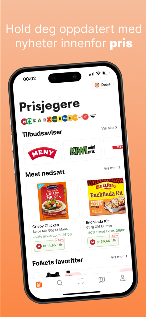 La pantalla principal de la aplicación Prisjegere que muestra anuncios de supermercados y productos alimenticios con descuento